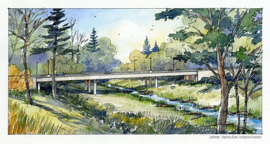 detailed and colorful illustration of Lochner Bridge and surrounding vegetation: trees, grass, and shrubbery.