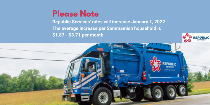 Photo of blue Republic Services waste removal truck on street. Please note Republic Services' rates will increase January 1, 2022.