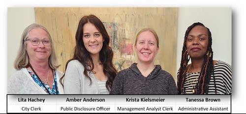 Headshots of: Lisa Hatchey, City Clerk; Amber Anderson, Public Disclosure Officer; Krista Kielseler, Management Analyst Clerk; and Tanessa Brown, Administrative Assistant.