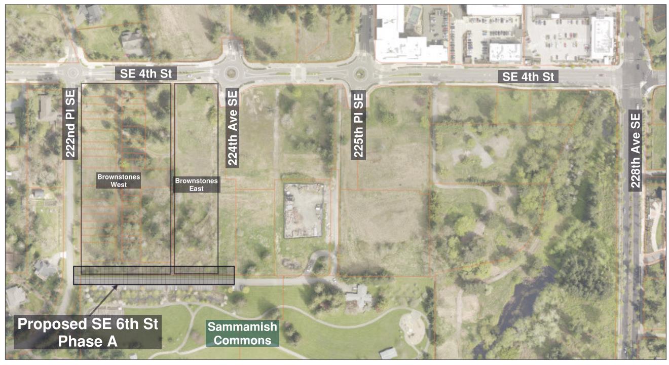 Aerial map showing the proposed SE 6th Street Phase A between 222nd Place SE and 228th Avenue SE near Sammamish Commons.