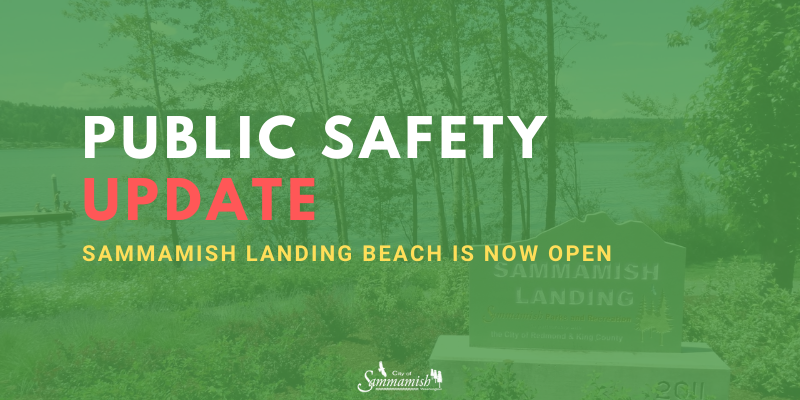 Notice: Public Safety Update: Sammamish Landing Beach is now open - photo of the beach, including dock, in the background.